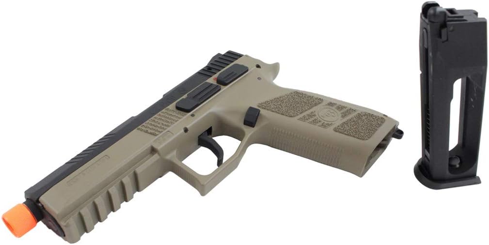 ASG CZ P-09 Airsoft Pistol with Outer Barrel Threading, FDE, Realistic Blowback, 25 Rounds Airsoft BB Gun Pistol, 3-Dot Sight System