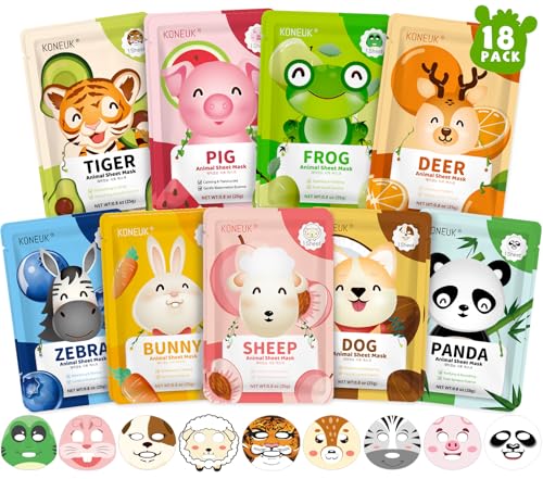 KONEUK 18 Pack Animal Face Mask for Kids Bulk Sheet Face Masks Skincare for Girls Collagen Hydrating Face Mask Spa Party Gifts for Teens Sleepover Party Supplies Birthday Gifts for Women
