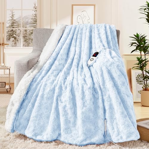 MAXEVE Heated Blanket Electric Throw 50x60 Faux Rabbit Fur Sherpa Blankets with 6 Heating Sets & 12 Hours Auto Off Warm Gifts for Grandma Wife ETL Certification