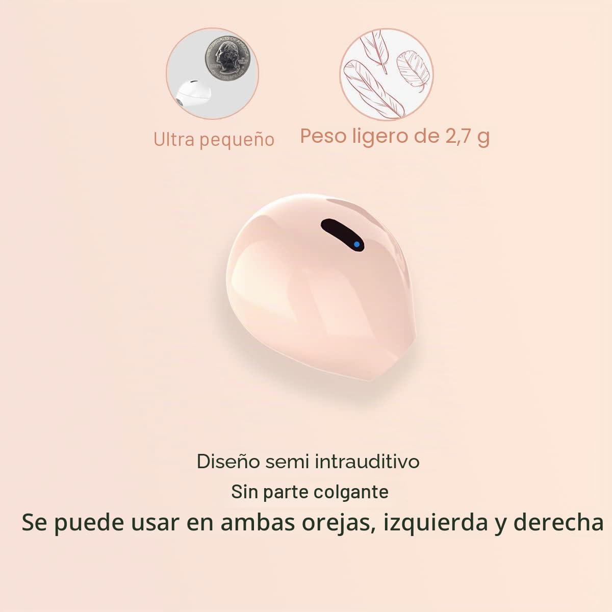 Auriculares Inalámbricos Mini Invisibles Bluetooth, Auriculares Semi-In-Ear Pequeños para Trabajo y Uso Diario, Control Táctil, Livianos para Música y Audiolibros (Beige único)