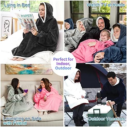 Oversized Sherpa Hoodie Blanket Ultra Soft Warm Cosy Pullover Wearable Hoodie Sweatshirt Blanket with Big Pocket One Size Fit All Women, Men, Girls, Boys, Friends, Adults, Teens | Unisex (Pink)