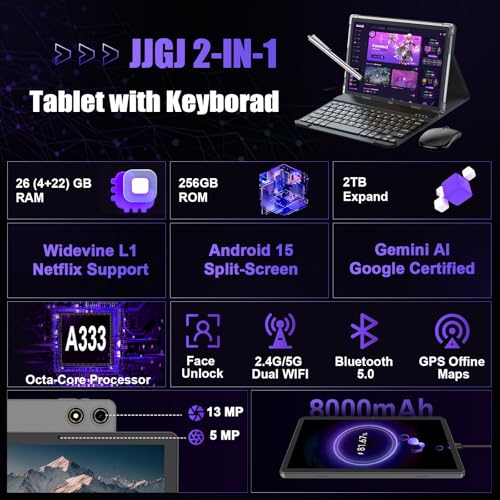 JJGJ 2026 Android 15 Tablet 10 Inch, 26GB+256GB+2TB Expand, 2 in 1 Tablets with Keyboard Case Mouse Stylus, 8000mAh Battery, Octa-Core, Dual Camera, Supports Widevine L1, 5G WiFi, GPS（Black Case） by JJGJ - Image 2