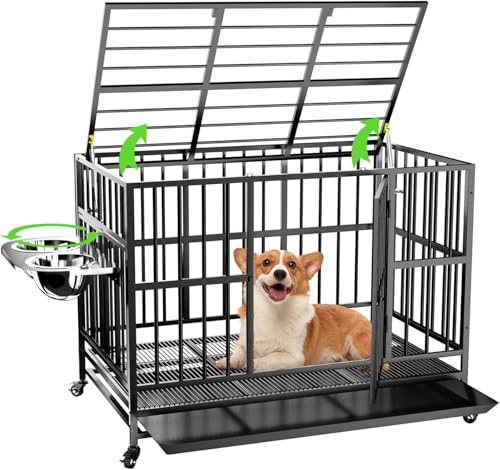 LOVMOR 37インチ ヘビーデューティー 犬用クレート 車輪付き/ユニークなエアリフトロッド / 360° & 調節可能なボウル2つ、超小型犬用クレート