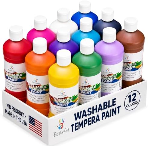 Positive Art Washable Paint for Kids, 12 Colors, 16 oz Bottles, N...