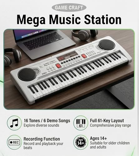 Image of Mega Music Station 61 Keys Electronic Keyboard Piano for Kids with MP3, USB Input, LED Display, Built-in Speakers, Demo Songs, Tones & Rhythms | Musical Keyboard for Beginners Boys & Girls