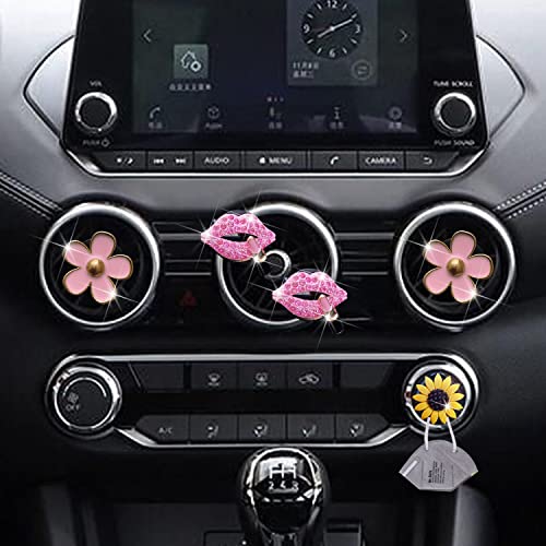 Image of Pink Lip & Daisy Air Vent Clips, 4 Pcs Bling Flower Car Air Fresheners Vents Clips Funny Car Diamond Car Interior Decor Bling Cute Car Accessories Car Decoration for Women +Sunflower Mask Hook