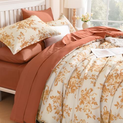 Image of Andency Floral Comforter Full Set, 7 Pieces Orange Rose Flower Bedding Set