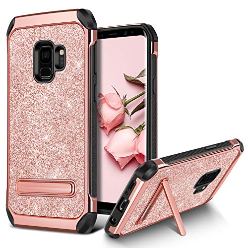 Galaxy S9 Case, BENTOBEN Bling Glitter Samsung S9 Case 2 in 1 Slim Hybrid TPU Bumper Hard PC Cover Coat Sparkly Shiny Cute Faux Leather with Metal Kickstand for Girls Samsung Galaxy S9 Rose Gold/Pink