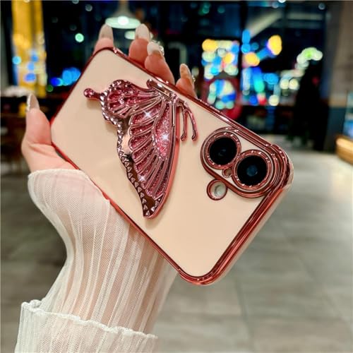 Coque iPhone 13 Pro Max rose pailletée avec motif papillon et support