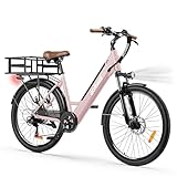 ACTBEST Core Electric Bike for Adults - 468Wh Removable Battery, 26 inch Step Thru Electric Bicycle, Peak 750W Brushless Motor Ebike, with 7 Speed, Up to 50 Miles, E-Bikes, Pink with Rear Basket