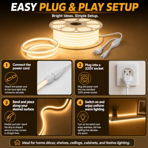 Image of One94Store 5M LED Neon Strip Light, 10mm Warm White Waterproof Flexible COB Neon Rope Light, Cuttable LED Strip for Indoor Outdoor Wall Decor, Home, Shop, Party & Festival, 6 Month Warranty