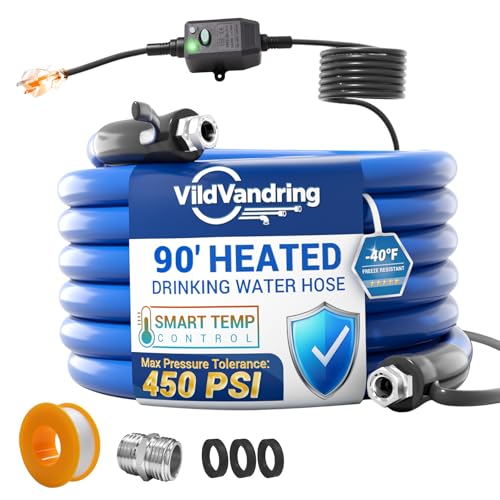 Heated Water Hose for RV 90ft, Heated Drinking Water Hose, Features Ground-Fault Circuit Interrupter, Water Line Freeze Protection Down to -40°F/-40°C, Heated Garden Hoses with Adapter, Lead/BPA Free