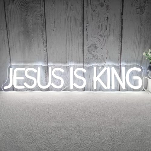 Image of Jesus Is King Neon Sign Jesus Led Sign Dimmable Christ Is King Neon Light Sign Easter Lights God Light Up Sign for Christian Wall Decor Easter Christmas Gifts
