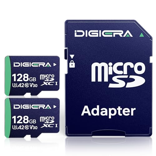 DIGIERA Karta pamięci 128 GB CT100 microSDXC UHS-I z adapterem – do 100 MB/s, C10, U3, V30, 4K UHD, A2, karta micro SD do smartfonów, tabletów, aparatów, konsol do gier i dronów (2 sztuki)
