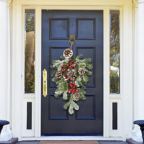 Shtain 2Pcs Pine Needle Door Teardrop Wreath, 21.7Inch Swags And Wreaths Christmas With Pine Cones, Ribbon Bow & Hanging Pine Needle, Artificial Teardrop Swag Christmas Swag For Indoor & Outdoor Home #TOP2