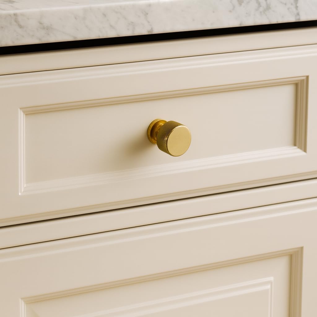 QCAA Solid Brass Kitchen Drawer Knob, 1-1/8", Knurled, for Dresser and Furniture Cupboard Wardrobe, Brushed Brass, 6 Pack, Made in Taiwan