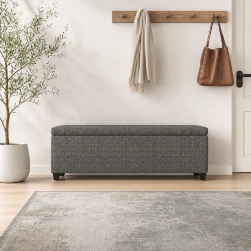 Image of SIMPLIHOME Avalon 48 inch Wide Tweed Look Fabric Storage Ottoman in Red