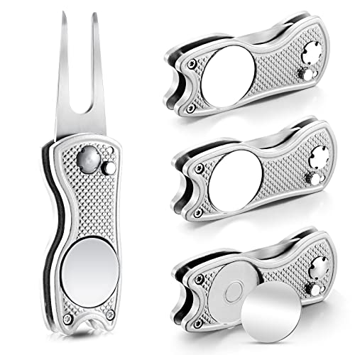 Skylety 4 Pcs Golf Divot Repair Tool Metal Foldable Golf Divot Tool with Magnetic Pop-up Button Ball Marker Stainless Steel Switchblade for Golfers Prizes(Silver)