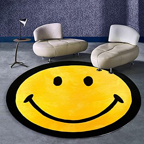 Rururug Moderno Redonda Alfombra Antideslizantes Pelo Corto Alfombra Dibujos Animados creativos Smiley Face Negro y Amarillo Alfombra para Habitación Dormitorio Entrada Cocina ø 80CM Cover