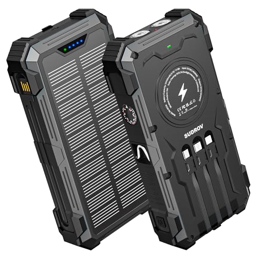 Sudrov Solar Charger Power Bank, 20000mAh Wireless Portable Charger with USB-C in/Output, QC3.0 Fast Charging 15W 4 Ports Outdoor Battery Pack Built-in Dual Led Flashlights for iPhone Samsung etc
