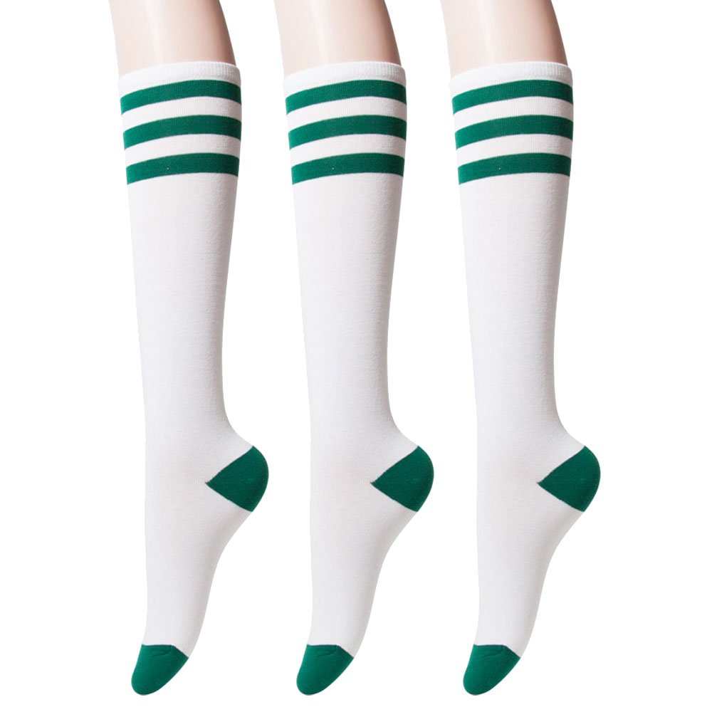 Sockstheway Womens Casual Knee High Tube Socks with Triple Stripes (3Pairs, Green)