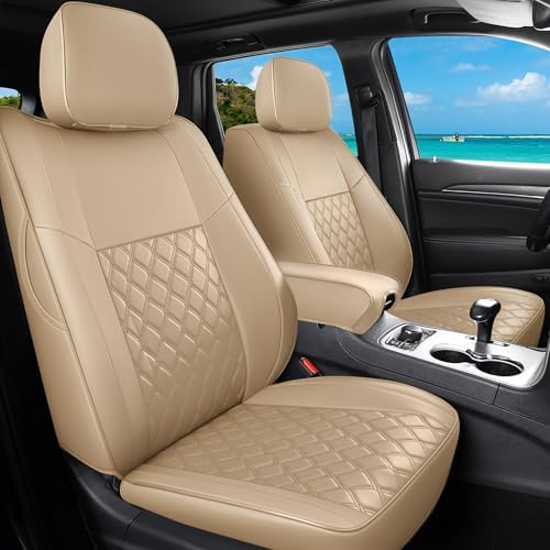 Huidasource Upgrade Grand Cherokee Seat Covers, Full Coverage Waterproof Leather Car Seat Covers, Custom Seat Cushion Protector Fit for Jeep Grand Cherokee 2011-2021 (Full Set/Beige)