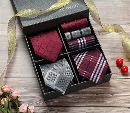 Image of HISDERN Mens Ties and Pocket Square Set Business Elegant Ties for Men Classic Lot 3 Pcs Wedding Party Neckties & Handkerchief