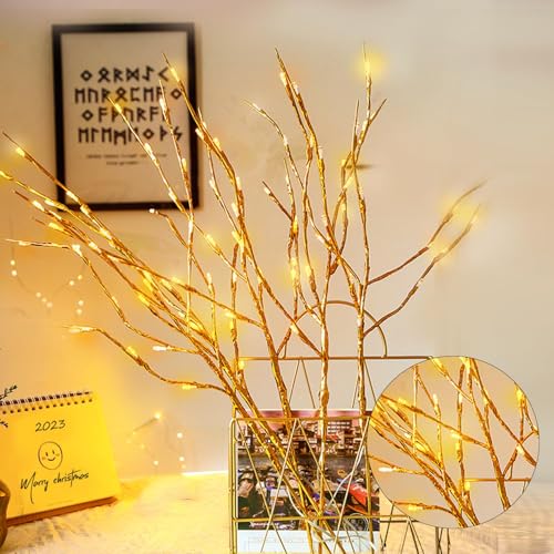 Image of DK177 2 Pack Led Branch Light Battery Operated Lighted Branch Vase Filler Willow Tree Artificial Little Twig Power Golden 30 Inch 20 LED for Home Romantic Decoration (Gold-Warm White)