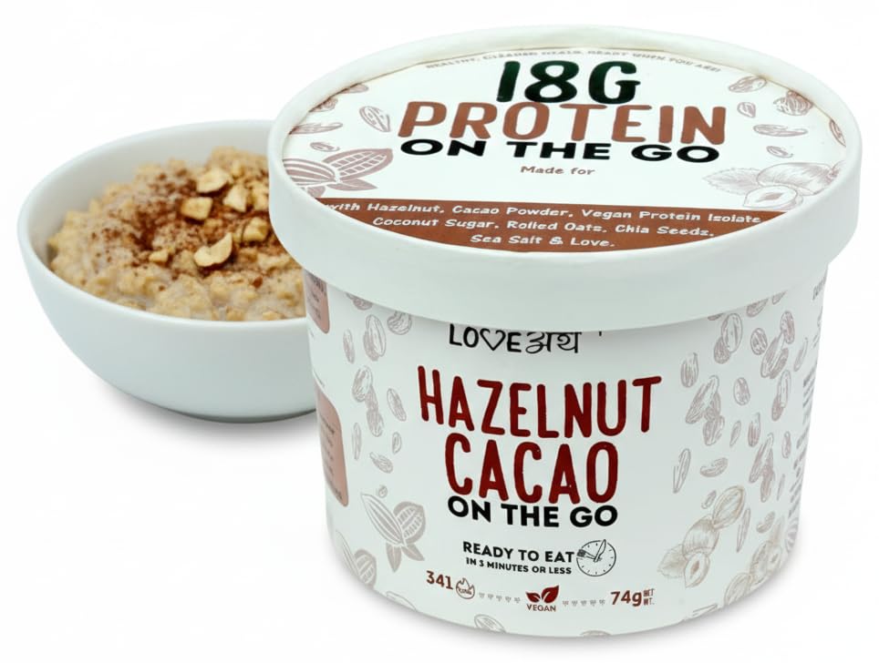 LoveArth 18g High Protein On The Go Hazelnut Cacao - Ready to Eat Clean Oats Cup- Customised For YOU | Vegan, Gluten-Free, High-Protein Quick Breakfast Cereal | Sugar-Free Protein Snack | Clean Label Ingredients | 341kcal - 74g/Cup (Pack of 2)