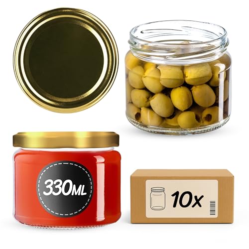KADAX Lot de 10 bocaux à conserves avec couvercle vissé, pots à confiture 330 ml, bocaux de conservation pour confitures, gelées, miel, bocaux avec couvercle vissé (Or)
