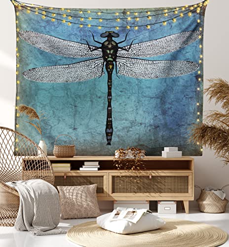 Ambesonne Dragonfly Tapestry, Grunge Vintage Old Backdrop And Dragonfly Bug Ombre Image, Wide Wall Hanging For Bedroom Living Room Dorm, 80" X 60", Turquoise #TOP7