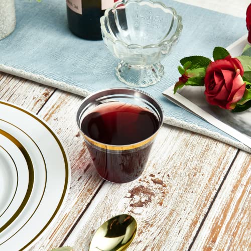 Vplus 100 Pack 9 Oz Gold Rimmed Plastic Cups, Hard Disposable Cups, Plastic Drinking Cups, Plastic Wine Glasses For Party, Wedding, Thanksgiving, Birthday, Halloween, Christmas #TOP1