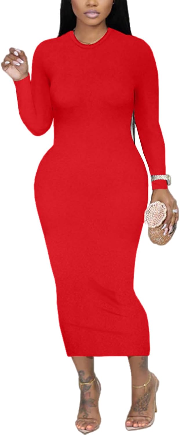 Women's Long Sleeve Bodycon Dress - Midi Casual Club Party Long Fitted Tight Fall Dresses - Image 4
