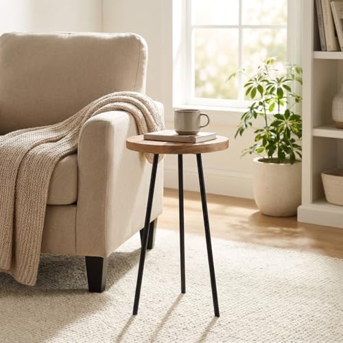 Image of INMARWAR Solid Mango Wood Round Side Table with Black Metal Legs (32x32x57 cm) | Easy to Assemble Sturdy End Table for Living Room, Bedroom & Office | Small Space-Saving Coffee Table