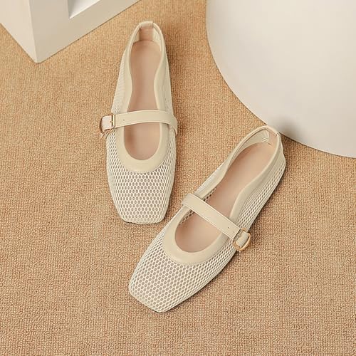 Women's Mesh Flats Shoes Dressy Comfortable Square Toe Flats with Buckle Strap Casual Mary Janes2