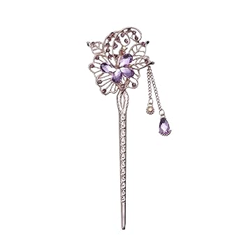 Lurrose Retro Butterfly Flowers Hair Stick Metal Crystal Rhinestone Tassel Hairpin Chinese Updo Hair Chopsticks for Women Wedding Girls Purple