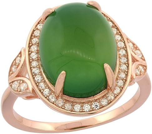 Sterling Silver Oval Green Serpentine Micro Pave CZ Ring Leaf Accents Rose Gold Finsih, 21/32 inch Wide, Size 9