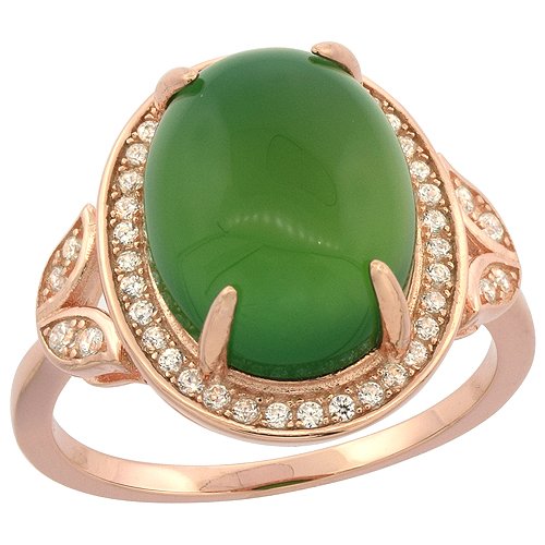 Sterling Silver Oval Green Serpentine Micro Pave Cz Ring Leaf Accents Rose Gold Finsih, 21/32 Inch Wide, Size 9 #TOP3