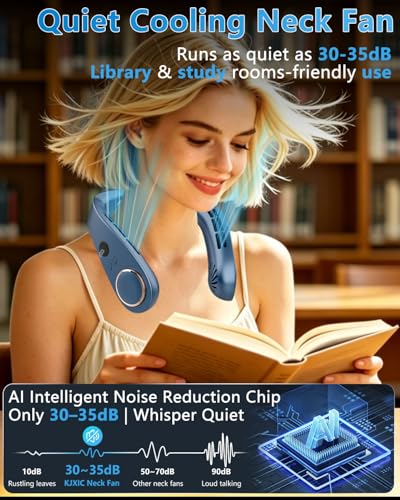 Image of Neck Fan with Cooling Plate,Powerful Cooling 5500mAh 24H Long Battery,5 Speeds Portable AC Cooler Function,LED Display USB Hands Free Bladeless Wearable for Men Women Kids Office Home Travel Azure