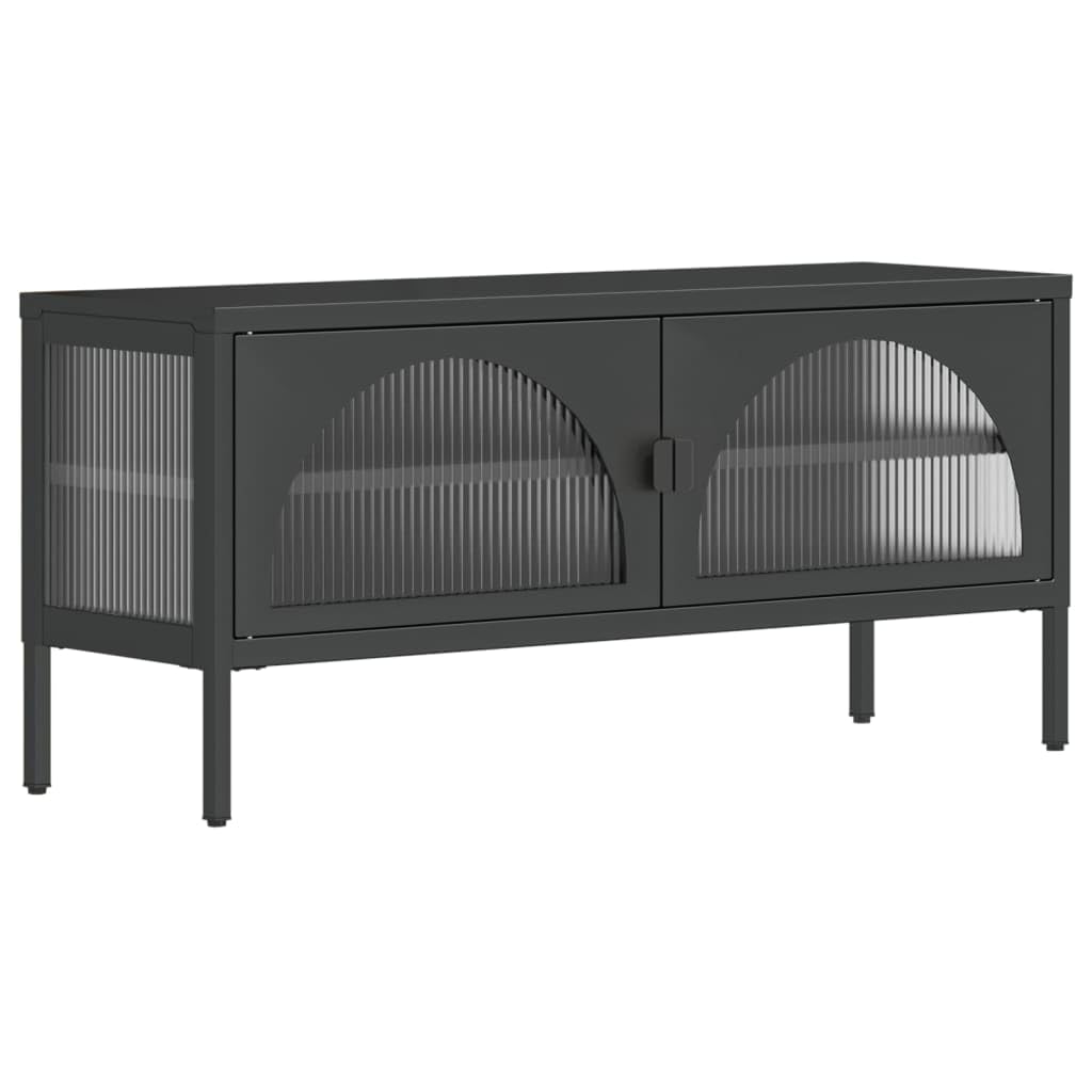 Szafka pod telewizor czarna, 105 x 35 x 50 cm, szkło ryflowane, stal malowana proszkowo, centrum rozrywki, stabilny stojak pod telewizor do salonu, sypialni