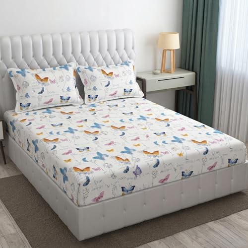 Image of Cotton Bolls Textiles Glace Cotton Flat Bedsheet 90x90 Inch with 2 Pillow Covers - Soft Breathable Glace Cotton, Printed Bedding Set for Double Bed