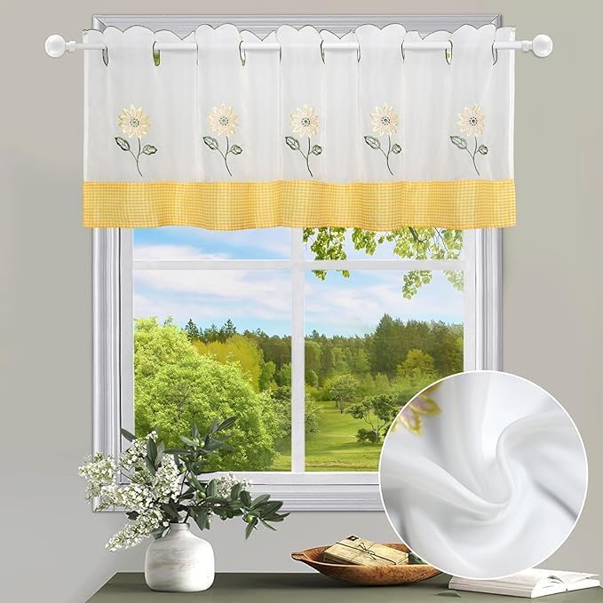 Miniatura 6 de ZHH E-COMMERCE Cenefa de cocina de girasol para ventanas, cenefas bordadas pastorales, decoración de ventana semi-sombreada, cenefa de gasa floral,