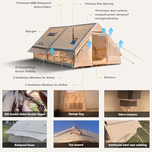 SENLEETO Inflatable Tents for Camping 4/6/8/10 Person, Luxury Inflatable Hot Tent with Stove Jack/Ac Port, Portable Easy Setup Inflatable Tent House with Canopy image 2