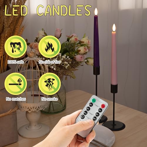 Image of Flamelss Advent Candles, 9.6 inch Real Wax Flameless Taper Candles with Remote, 4 Pack Flickering LED Candle Battery Operated Candlesticks for Christmas, Catholic, Advent, Wreath, Purple and Pink