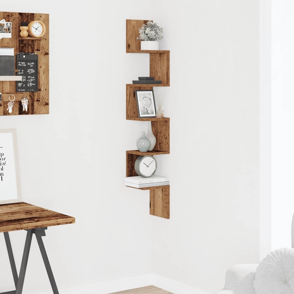 Wandregal Eckregal aus Holzwerkstoff Altholz Optik 20x20x127 5 cm mit 60 kg Tragkraft Platzsparendes Bücherregal für Wohnzimmer Schlafzimmer und Badezimmer