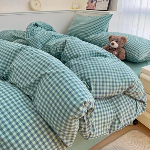 Image of LifeTB Green Gingham Comforter Set Full Size Geometric Plaid Checkered Pattern Comforter Green Grid Plaid Printed Bedding Comforter Set with 2 Pillowcases Fluffy Soft Gingham Bedding Set Breathable