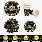 Vesici 171 Pcs Happy Birthday Party Supplies 24 Set Disposable Party Tableware include Plates Cups Napkins Cutlery and Banner Tablecloth Birthday Dinner Decorations for Men Woman(Black, Gold) - Image 5