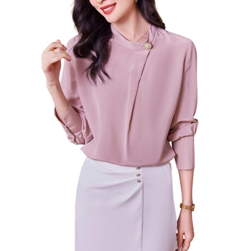 DISSA Blusa de seda para mujer, cuello alto, blusa de manga larga, camisa de seda, camiseta monocolor, S9611