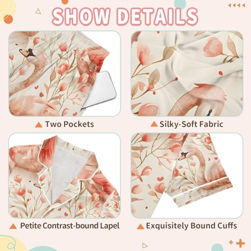 senya Graceful Swans Dancing Satin Summer Pajama Sets Silk Short Sleeve Button Down Sleepwear3