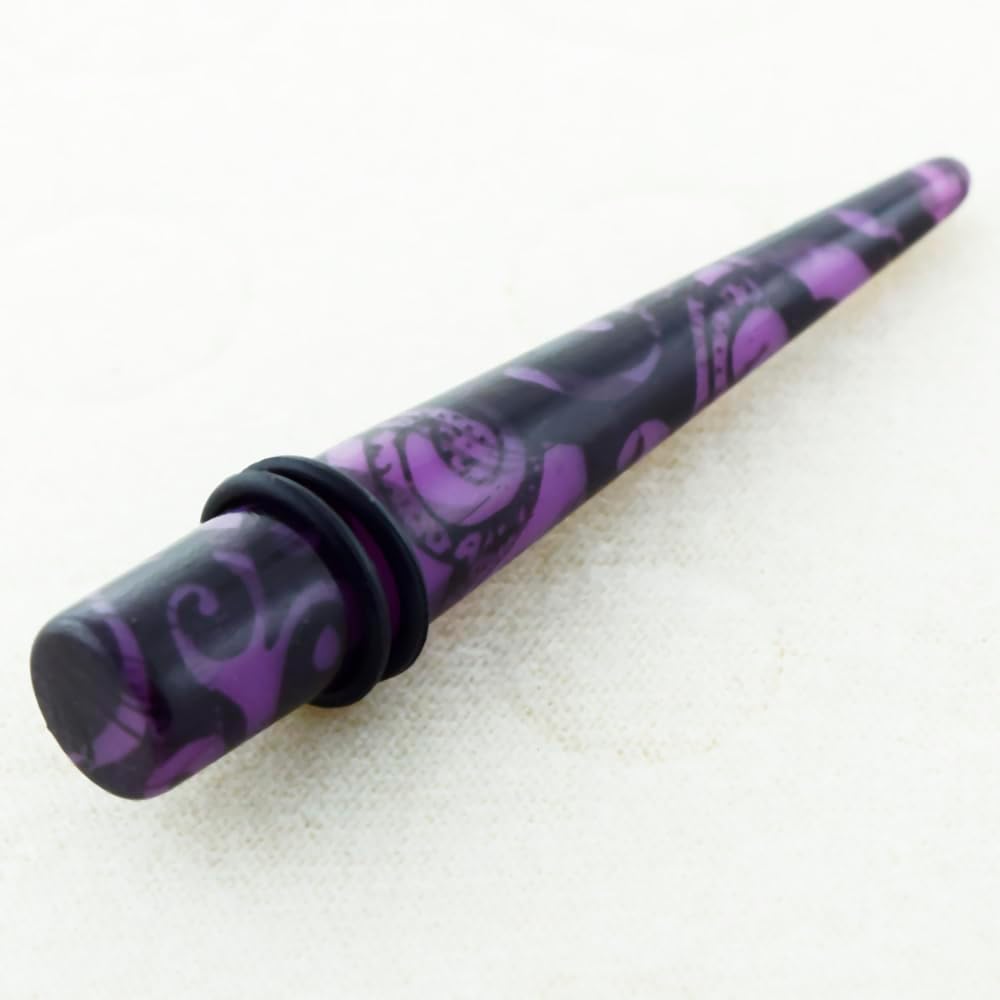 Fancy Black Vine on Purple UV Acrylic Straight Tapers - Expander - Stretching - Gauge Ear Plug Body Piercing Jewelry
